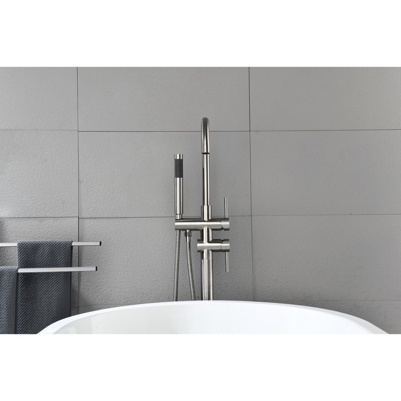 High Flow Freestanding Tub Filler Faucet With Swivel Spout And Handheld Shower In Stainless Steel Floor Mounted 360 Degree Portable Head