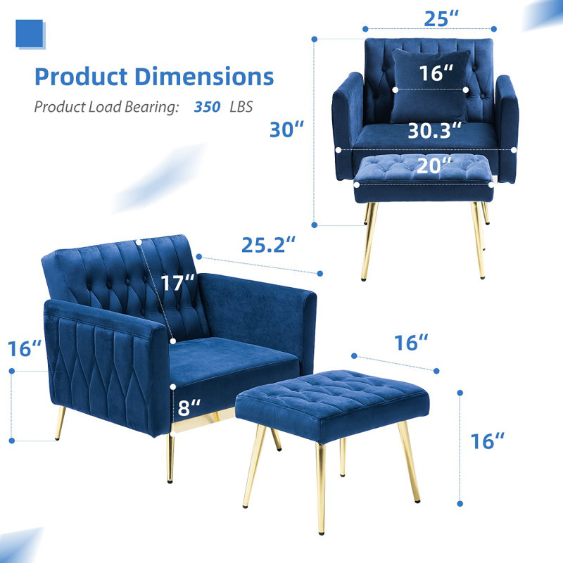 Siemon Velvet Accent Chair with Ottoman, Blue Velvet