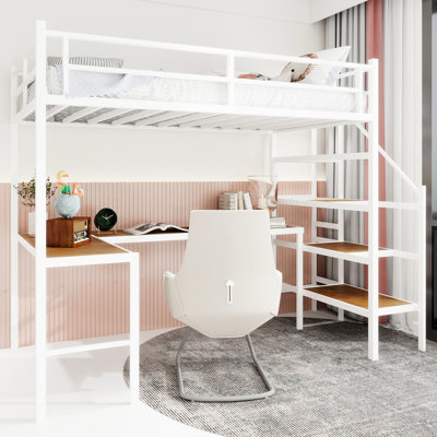Twin Iron Loft Bed In White, Stairs With Storage, Shelves On Desk, Noiseless For Bedroom Size White - Tip, Integrated Workspace