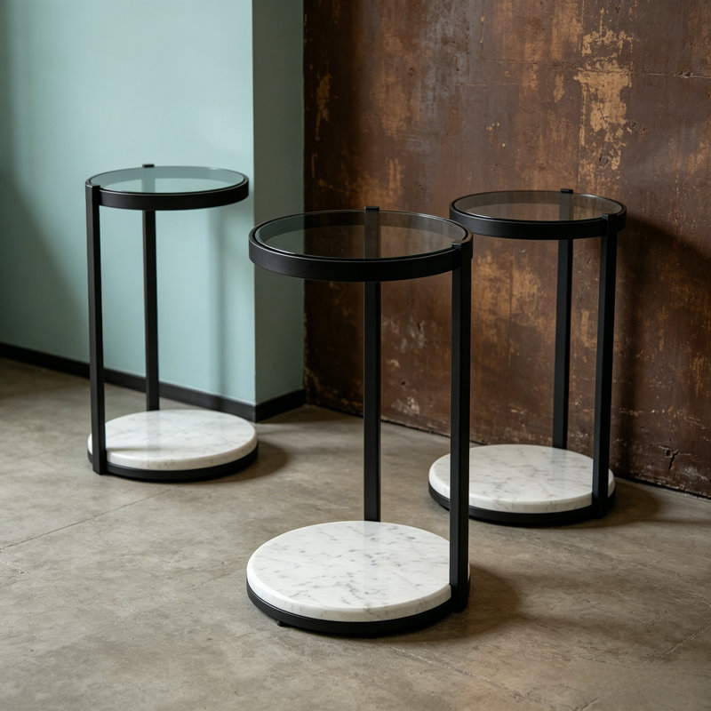 Table d'appoint moderne et mince en forme de C, table de chevet ronde à 2 niveaux avec plateau en verre fumé, base d'aspect marbre blanc et structure en métal noir pour salon et chambre