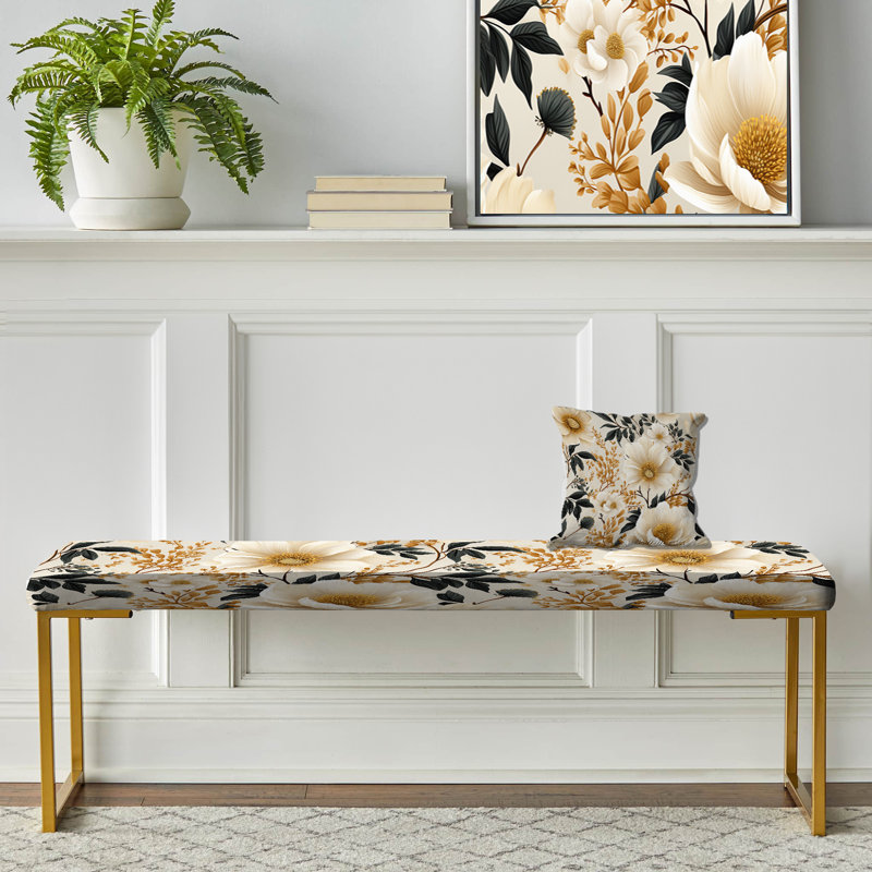 Floral Upholstered Gold Bench, Vintage Ivory Flower Symphony II