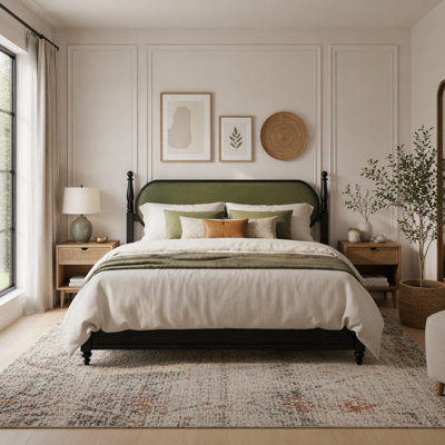 King Size Solid Wood Platform Bed with Green Velvet Headboard, No Box Spring