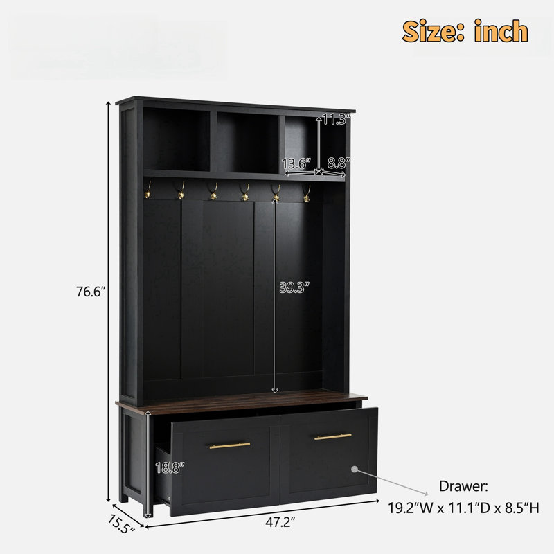 Versatile 4-in-1 Hall Tree With 6 Golden Hooks, Bench, Coat Rack And 2 Drawers, Black