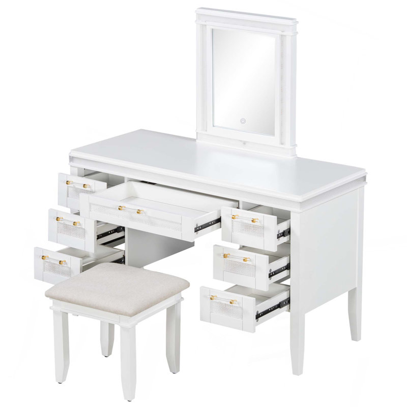 48" Vanity Desk With Mirror And Lights, Makeup Vanity With 7 Drawers And Cushioned Stool, Classic Beige Finish Dressing Table With Hollow Design Drawer For Bedroom, Rubber Wood Legs