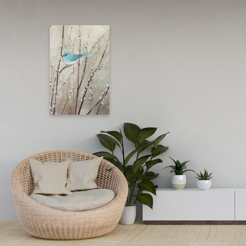Joli oiseau, culture neutre, animal contemporain, bleu, gris, beige, H 24 po x l 16 po