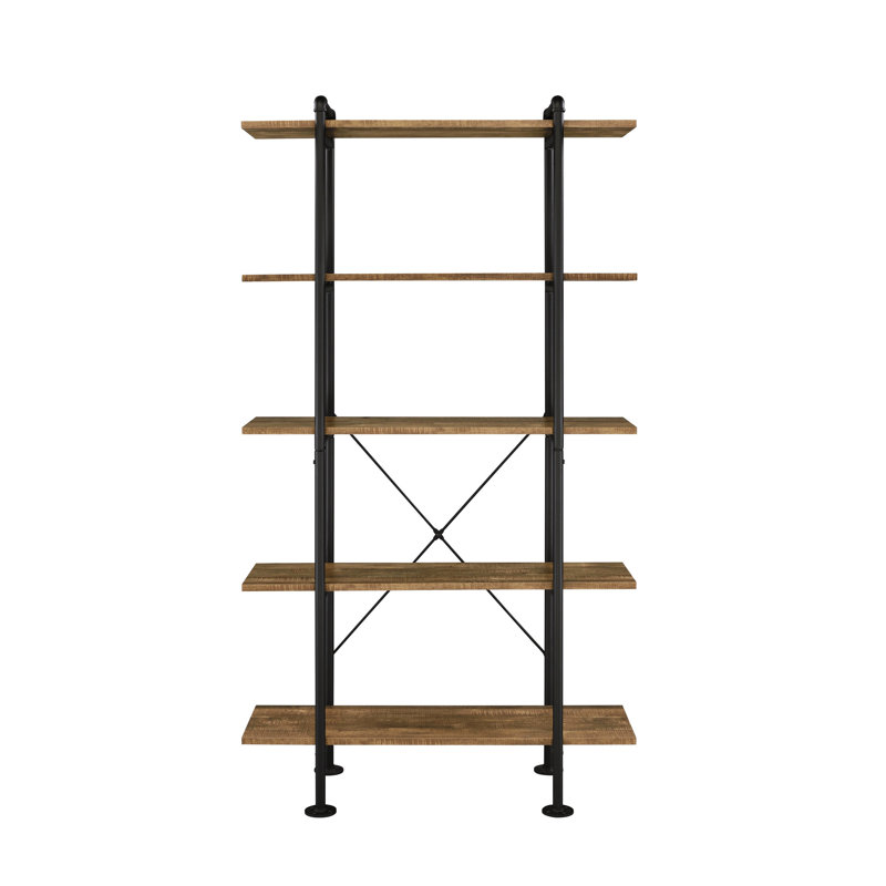 5-Shelf Rustic Oak Bookcase - Black Metal Base For Durability Attractive Shelf Base, Home Essential