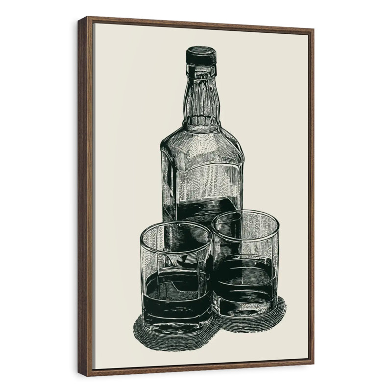 Retro Whiskey Glasses, Floating Frame Walnut, 13" x 19"