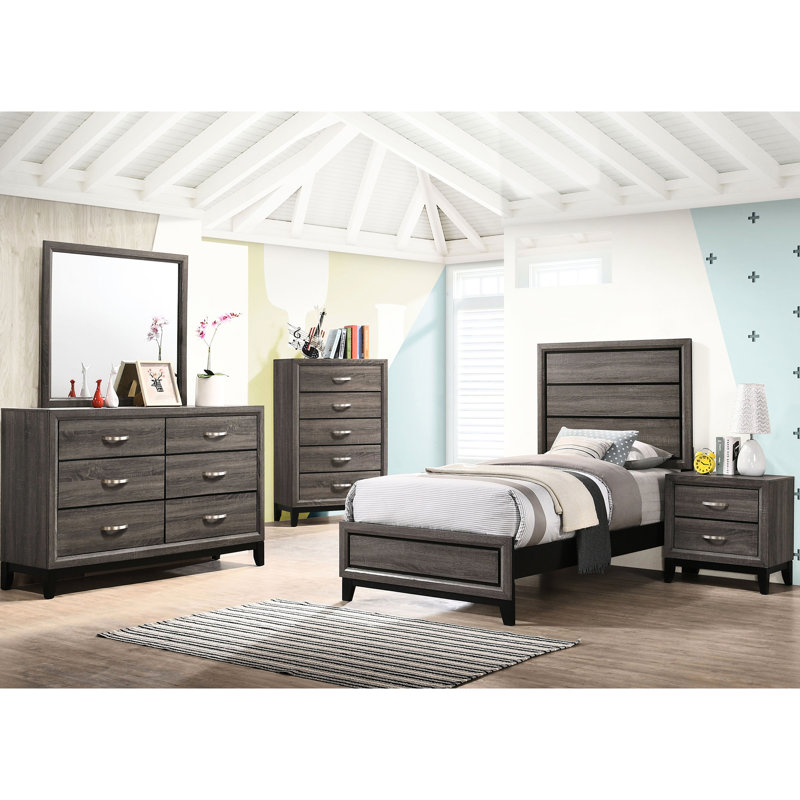 Chambre à coucher double 5 pièces de style transitionnel, couleur chêne gris, rainures noires et solutions de rangement : lit, table de chevet, commode, miroir, chiffonnier avec placage tridimensionnel, style anglais, allure moderne.