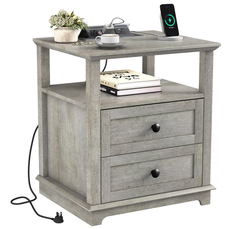 2 Drawer Danforth with Storage and Built-in Charging Station, Gray