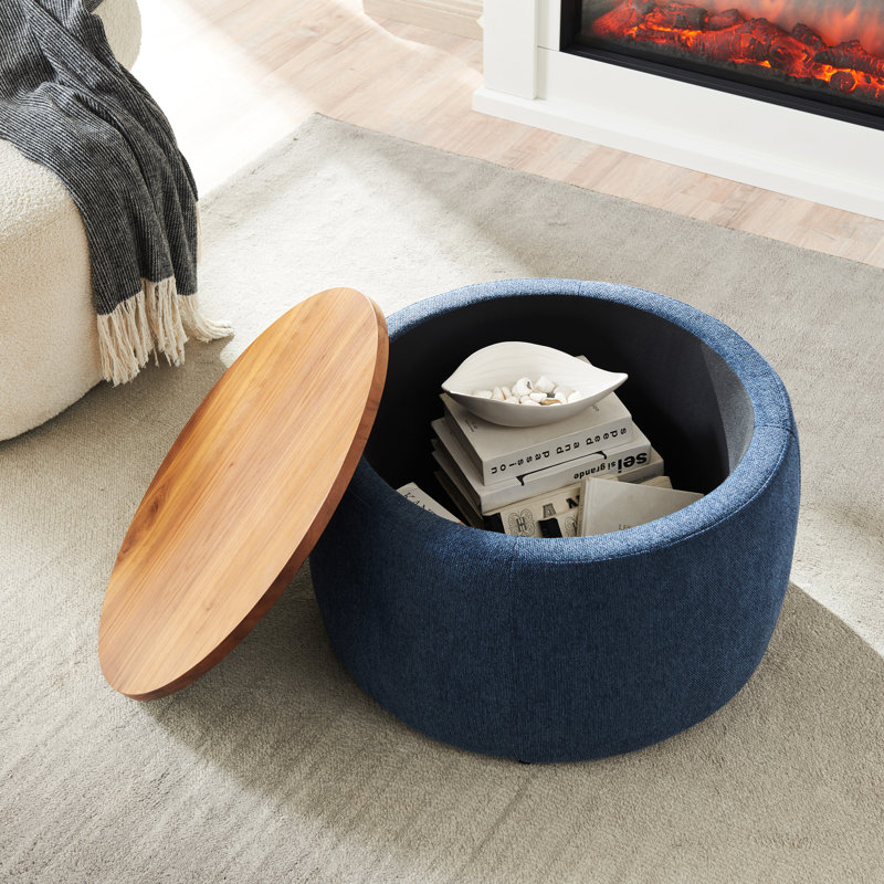 Round Storage Ottoman, 2 In 1 Function, Work As End Table And Ottoman, Navy