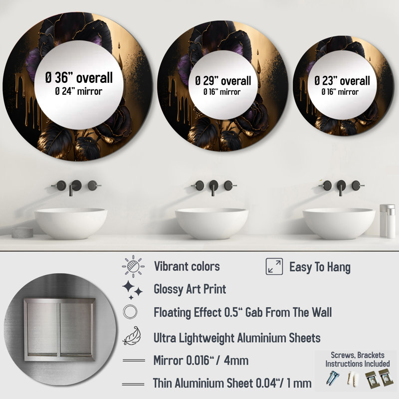 Shelvie Black And Gold Violets II - Violet Decorative Mirror, Traditional Large Round Wall Mirror, Printed Metal Art
