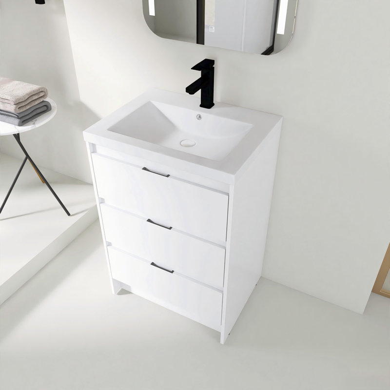 Meuble-lavabo autoportant de 24 po avec lavabo en résine et trois tiroirs à fermeture en douceur, Glossy White
