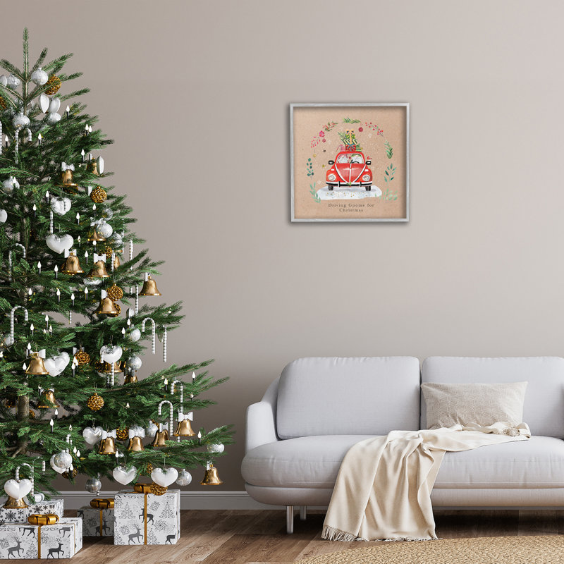Gnome au volant de Noël, estampe numérique encadrée par Sally Darby, Estampe numérique Farmhouse, H 24 po x l 24 po