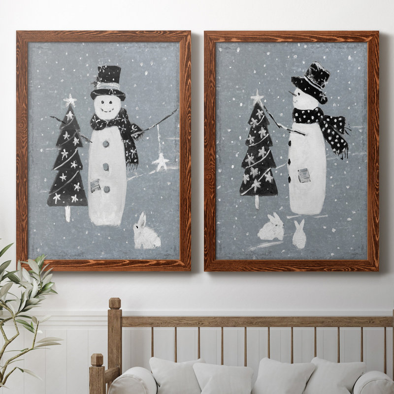 «Snowman Galvanized I», ensemble de 2 reproductions, Pas de tapis, Toile avec cadre érable, H 31,5 po x l 47 po x P 1,5 po