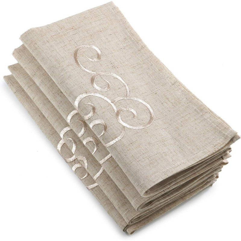 Natural Classic Embroidery Scroll Border Linen Blend Cloth Napkins 20" W X 20" L, Set Of 4
