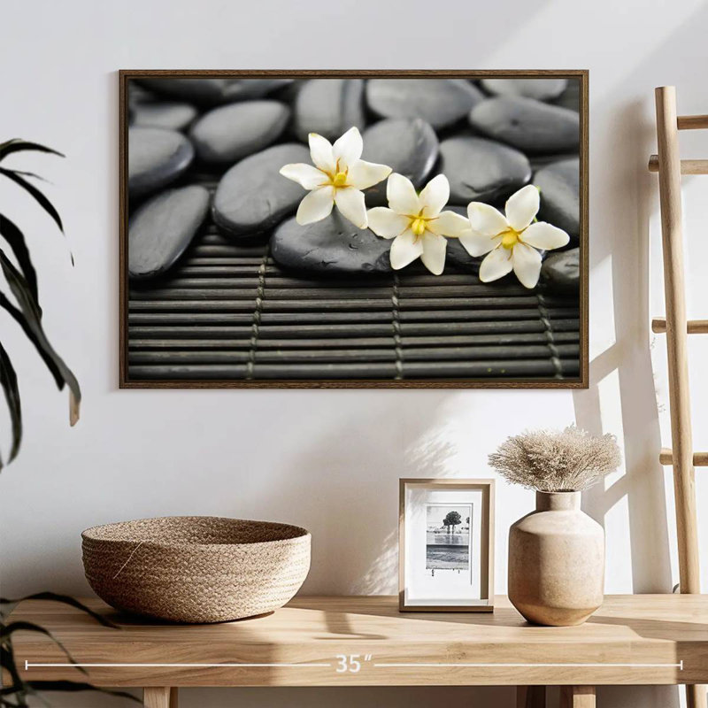 Pierres zen et fleurs, 25 po x 17 po, Cadre flottant noyer