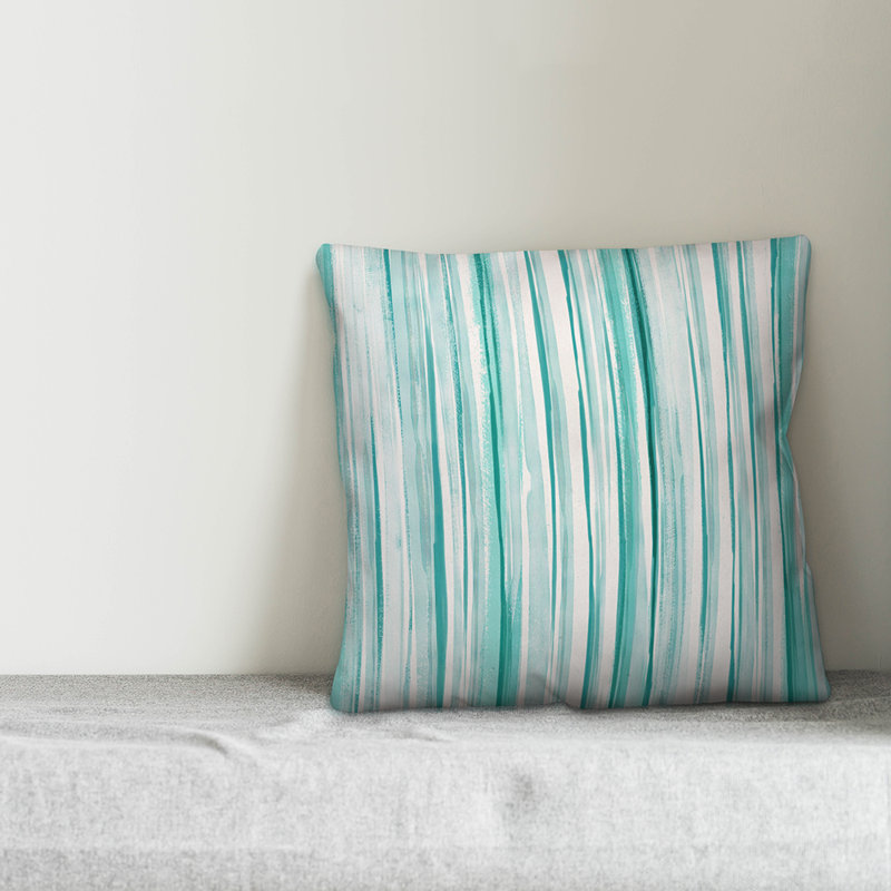  Coussin intérieur / extérieur Painterly Stripes, 20 po x 20 po, Pas de bourre, Vert de mer / blanc cassé