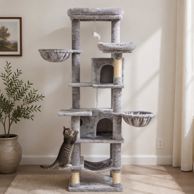 Grande tour d'arbre à chat à plusieurs niveaux de 68 pouces pour plusieurs chats d'intérieur, arbre d'activité pour chat avec poteaux à griffer en sisal, grottes pour chat, hamacs, panier suspendu et coussins lavables amovibles