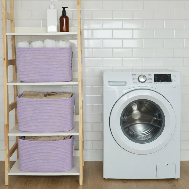  3-Piece Cotton Rope Storage Basket Set, Rectangular Woven Shelf Bins with Handles, Purple