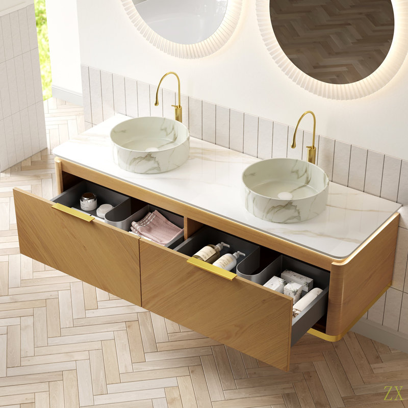 Meuble-lavabo de salle de bain de 60 po DIPA, armoire de rangement flottante en contreplaqué avec tiroir, capteur de lumière, 2 vasques en céramique à motif de pierre et plateau en pierre frittée, pré-assemblé