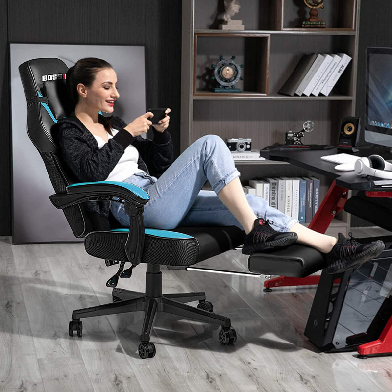 BOSSIN Gaming Chairs with Footrest, Ergonomic Computer Game Chairs with Lumbar Support, Blue/Black