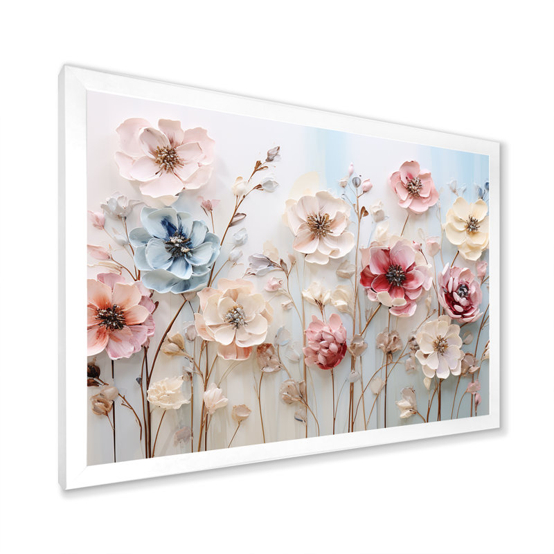 Art floral mural blanc et rose pour salon, Cadre de coin blanc fermé, H 24 po x l 32 po x P 1 po