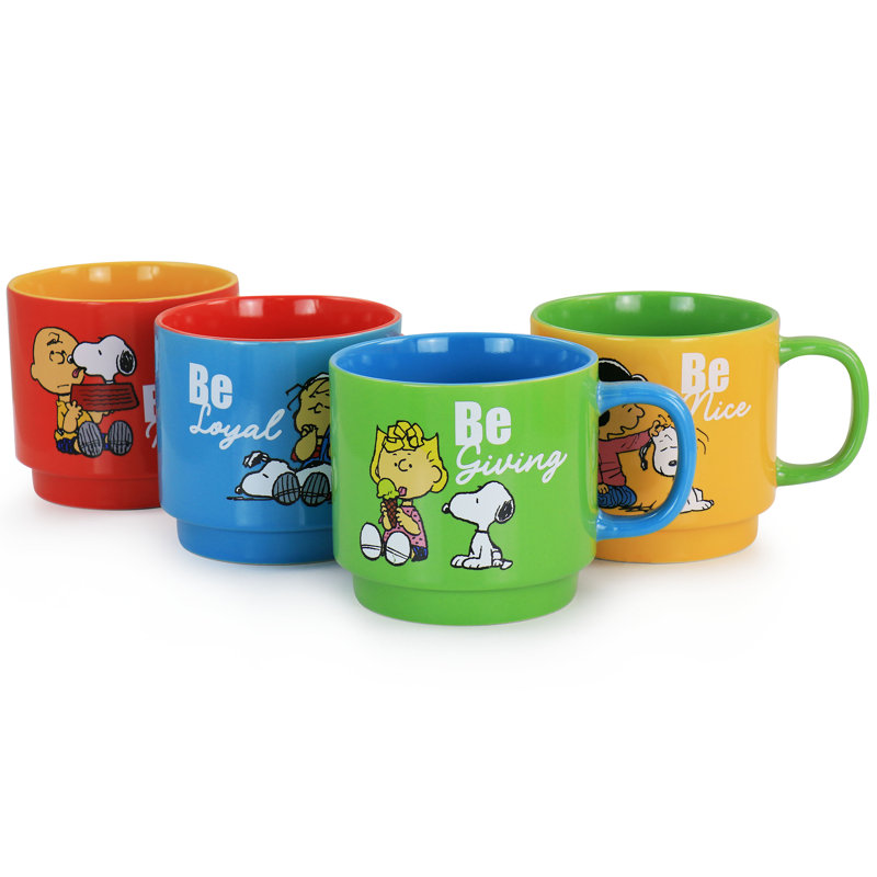Gibson Peanuts Classic Gentle Reminders Collection 4 Piece Stoneware Stackable Mug Set With Metal Stand In Assorted Colors