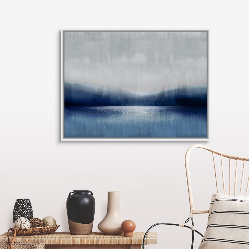 Reproduction d’art sur toile abstraite Landscape Indigo Lake 2 par David Moore, 32" H x 42" W x 1.75" D, Cadre blanc