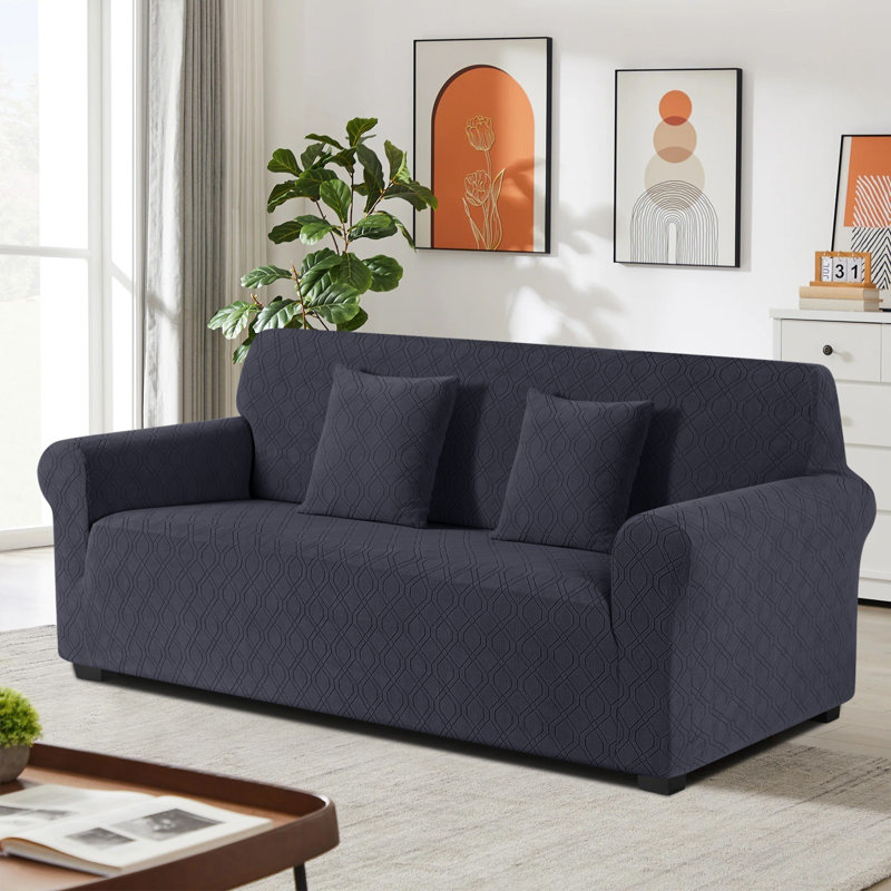Wald 3 Seat Stretch Jacquard All Seasons Sofa Slipcovers 1-Piece Couch Sofa Covers With 2 Pillow Cover, Dark Gray