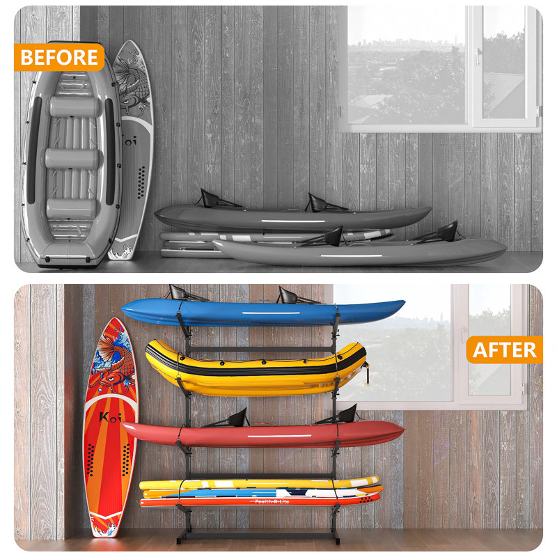 Support de rangement à 4 niveaux pour kayak et planche à pagaie - Support autoportant robuste pour kayaks, canots, planches à raquettes