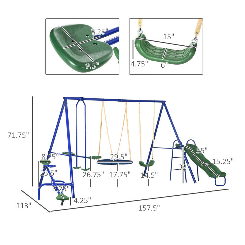 Ensemble de balançoire 5-en-1 robuste de 616 lb avec balançoire, glissade, balançoire à bascule et balançoire pour soucoupe pour cour arrière