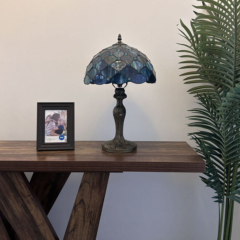 Haydee Tiffany Table Lamp Blue Stained Glass Crystal Beans Included LED Bulb 12"W*12"D*19"H