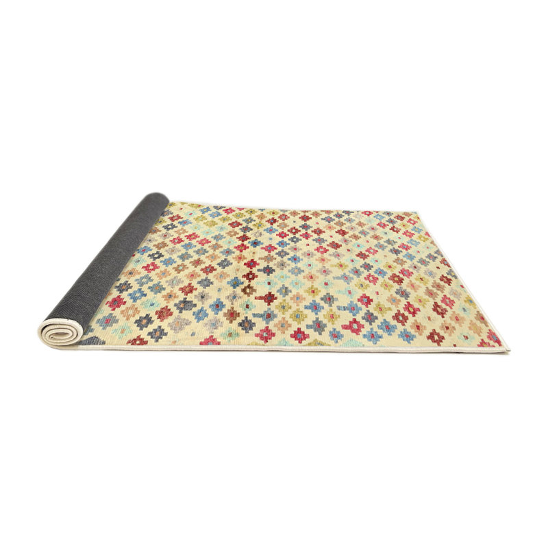 Tapis géométrique beige / brun / bleu, Rond 4 pi