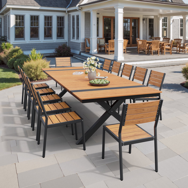 12 - Person Aluminum Rectangular Outdoor Dining Set with Umbrella Hole and Stackable Chairs, Brown