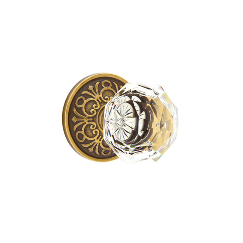 Ensemble de boutons d'intimité Emtek avec rosette Lancaster et bouton en verre Diamond, Laiton antique français