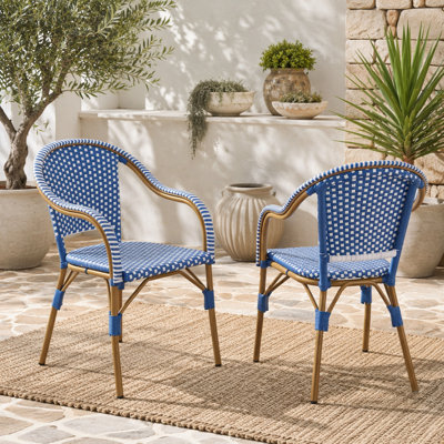 Outdoor Bistro Chairs, Patio Dining Chairs with Aluminum Frame, Weather Resistant PP Rattan Armchairs for Porch, Garden, Backyard, Cafe (Set of 2),  Natural+Blue+White