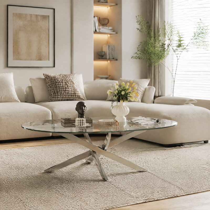 Table basse 39,37 "ovale en verre, table d'appoint moderne avec pieds argentés pour le salon, Argent