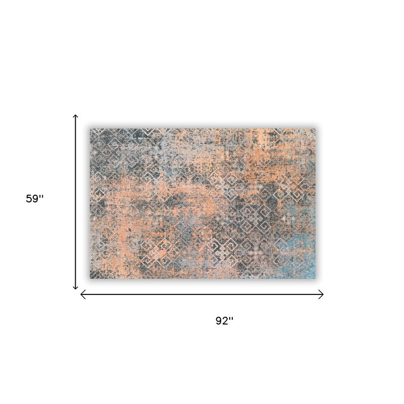 Tapis abstrait délavé bleu et orange 5 pi x 8 pi