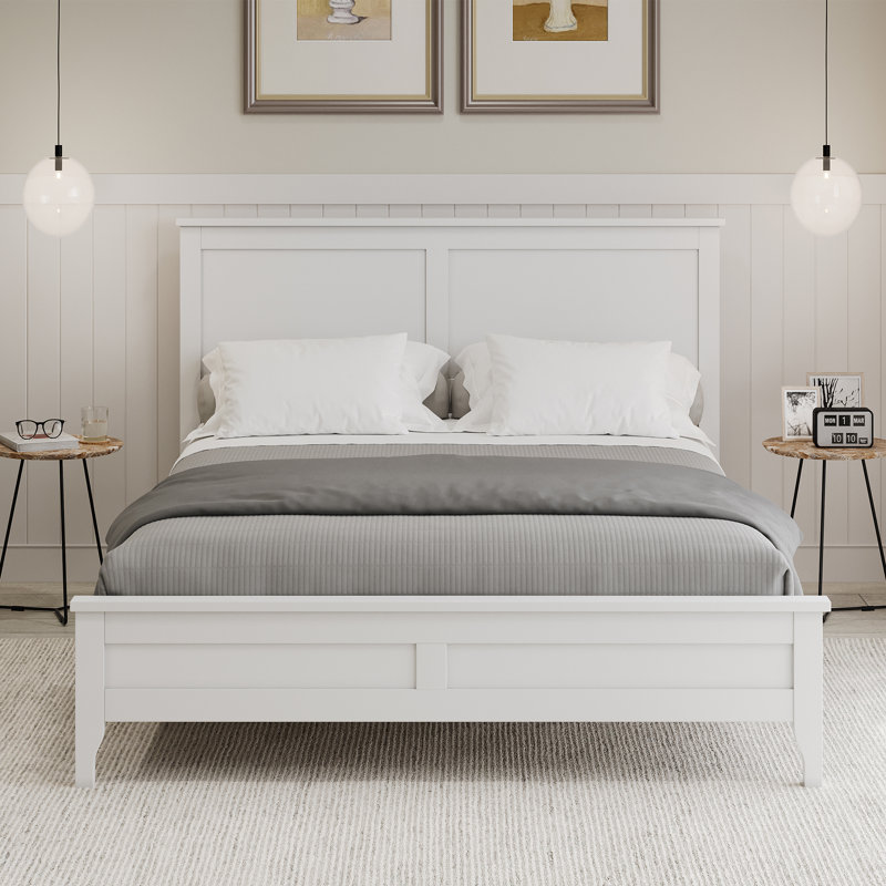 White Solid Pine Wood Bed Frame with Headboard, Simple Low Profile Platform Bed with Under Storage, No Box Spring Needed & Sturdy Wooden Slats,  Full Size