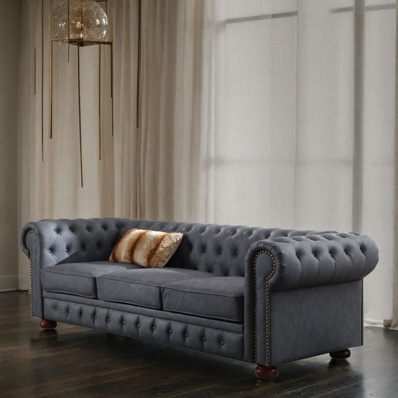 Kiryak 89'' Faux Leather Sofa, Dark Gray Faux Leather
