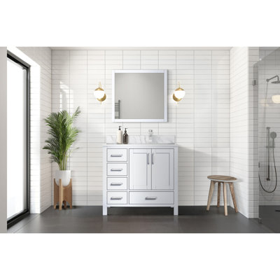 Distressed Grey 36 In. Wide Vanity For Bathroom With Right Offset Marble Top, Faucet, And 34 Mirrors - Stain Presentation Mirror Reliable