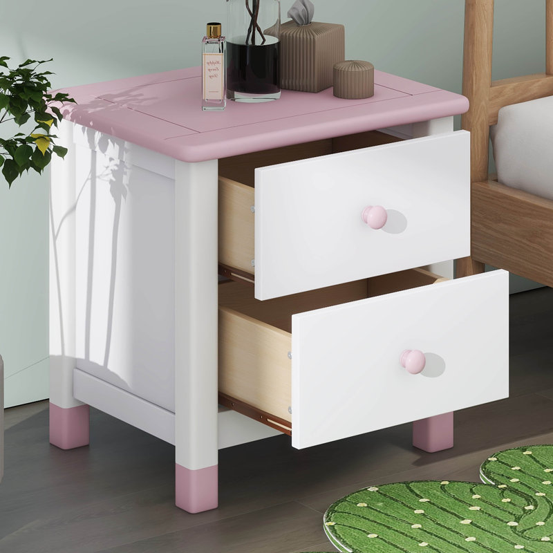 Table de chevet 2 tiroirs, Blanc / Rose