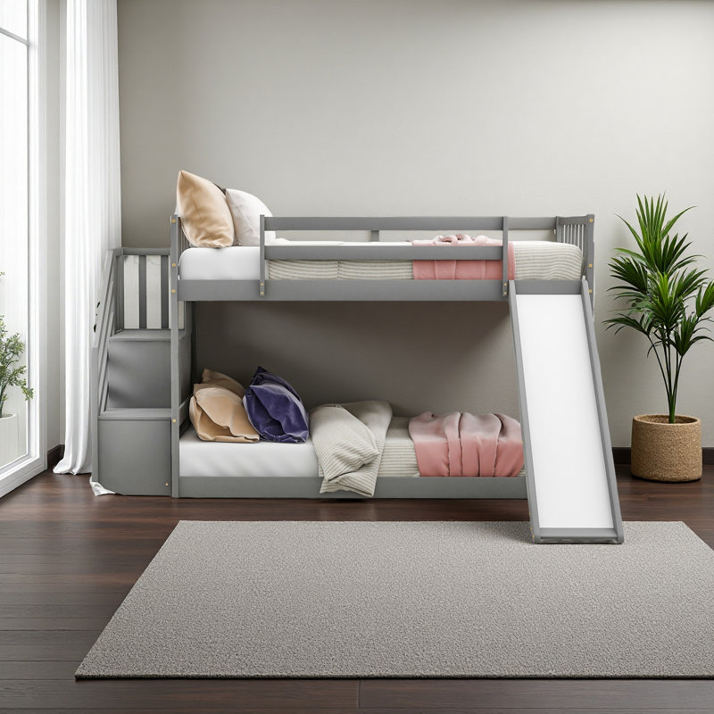 Lit superposé simple au-dessus de simple avec glissière convertible et escalier, Gris