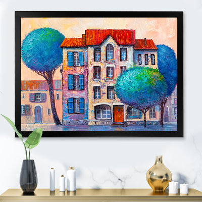 Vue sur la ville avec feuilles bleues et toits rouges - Peinture sur toile