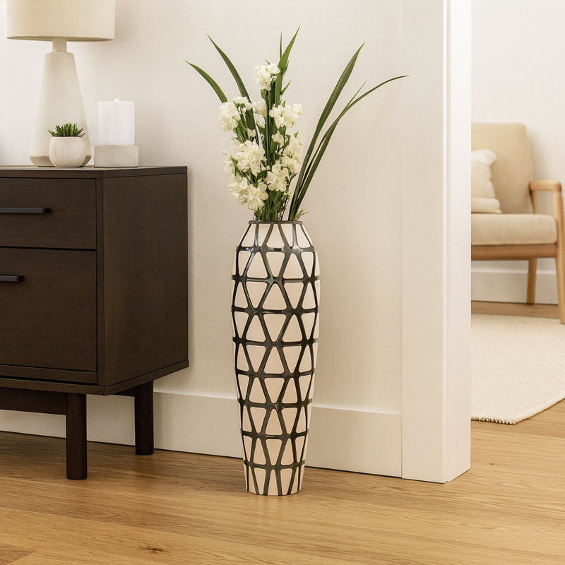 Pottery Floor Vase with Pattern Accent for Home Decor - Sculptural Tall Flower Vase for Living Room and Corner Styling - Ivory & Black