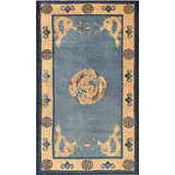 Chinese Antique - Peking 1890s Blue Rectangle Knotted Wool Small Scatter Size Rug