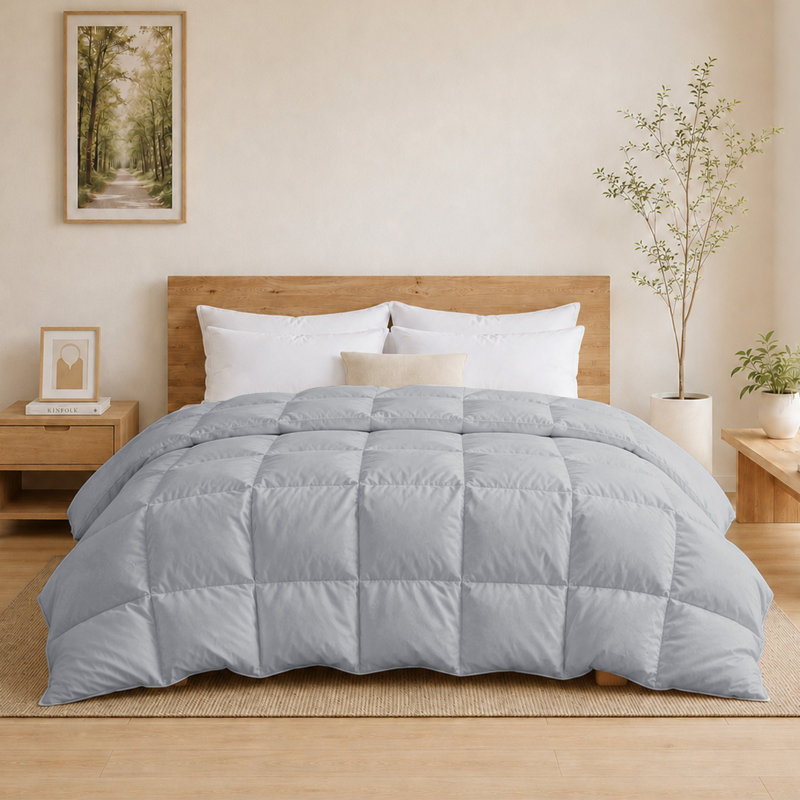 All Season Goose Feather Fiber Comforter Lightweight Duvet Insert, Light Gray, Full/Queen