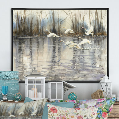 White Swans Flying over a Beautiful Lake - Floater Frame Print on Canvas -  Winston Porter, 555E416512C14B78A2183C441F330D77