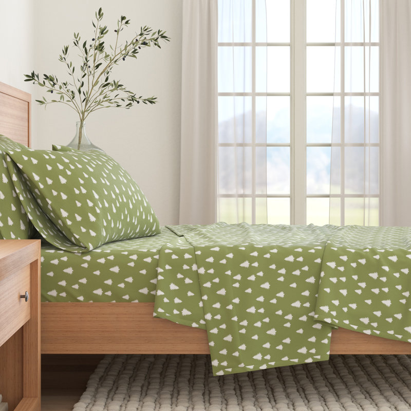 Ensemble de draps 100% flanelle d'hiver en coton turc, Petits arbres - Olive, Twin with 1 Pillowcase