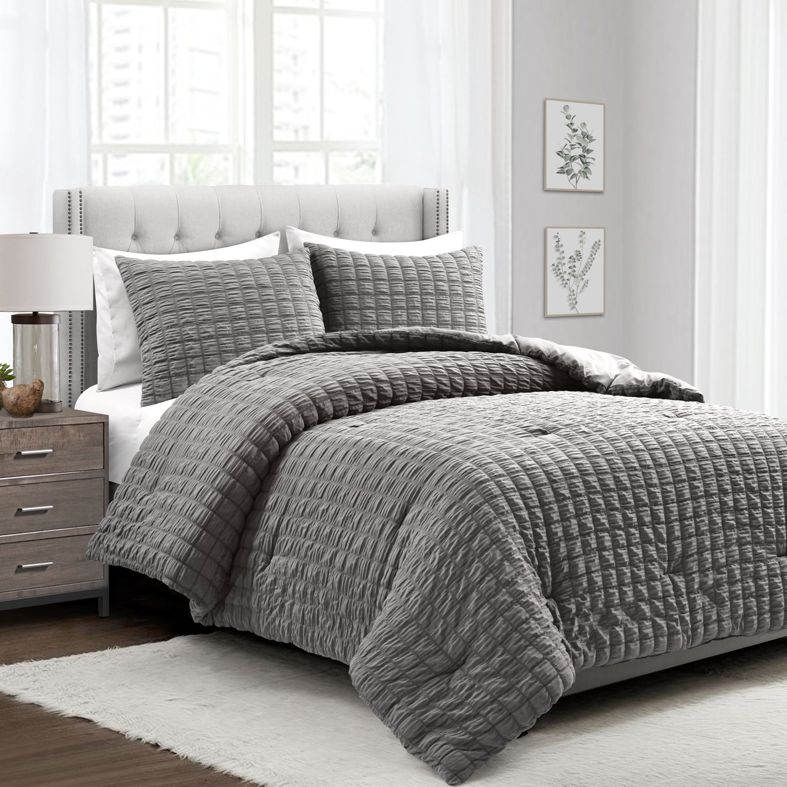 Crinkle Comforter Set, Full, Dark Gray